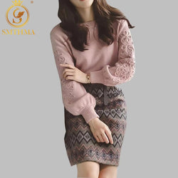 SMTHMA Women winter Korean embroidery knitting sweater +two piece Tweed wool 2 piece Geometric print Skirt set