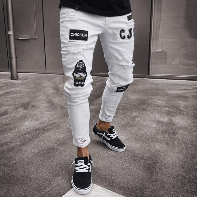 Men's Painted Skinny Slim Fit Straight Ripped Distressed Pleated Knee Patch Denim Pants Stretch Jeans