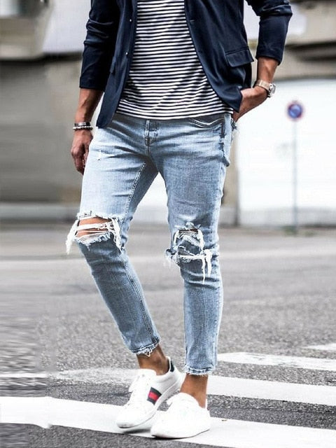 Men's Painted Skinny Slim Fit Straight Ripped Distressed Pleated Knee Patch Denim Pants Stretch Jeans