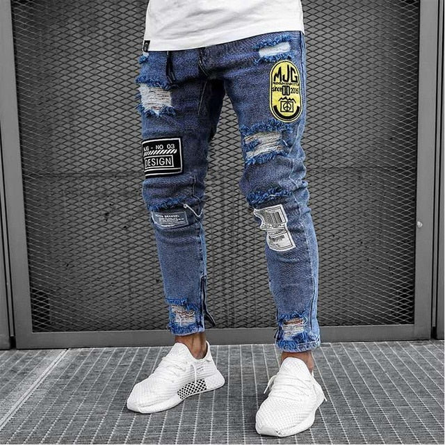 Men's Painted Skinny Slim Fit Straight Ripped Distressed Pleated Knee Patch Denim Pants Stretch Jeans