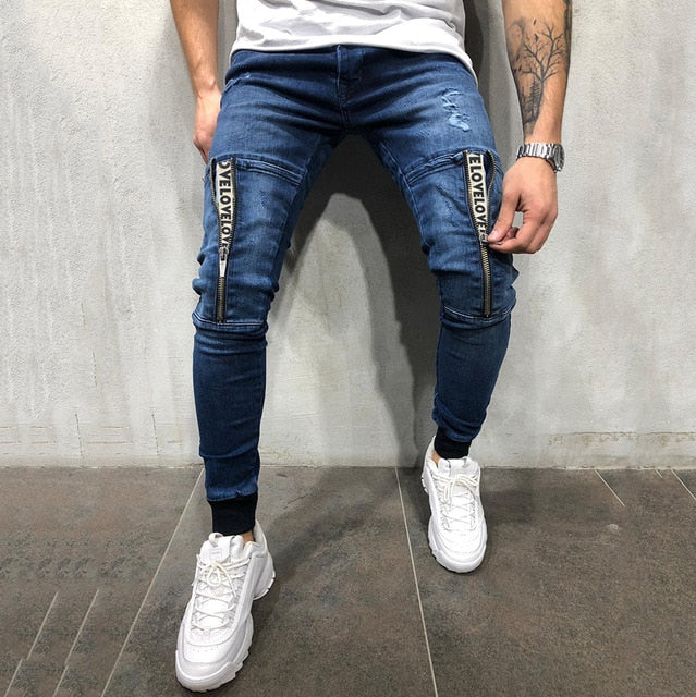 Vintage Ripped Jeans Men Zipper Letter Print Skinny Denim Pants Classic Cowboy Hip Pop Slim Fit Destroyed Jeans Pencil Pants D40