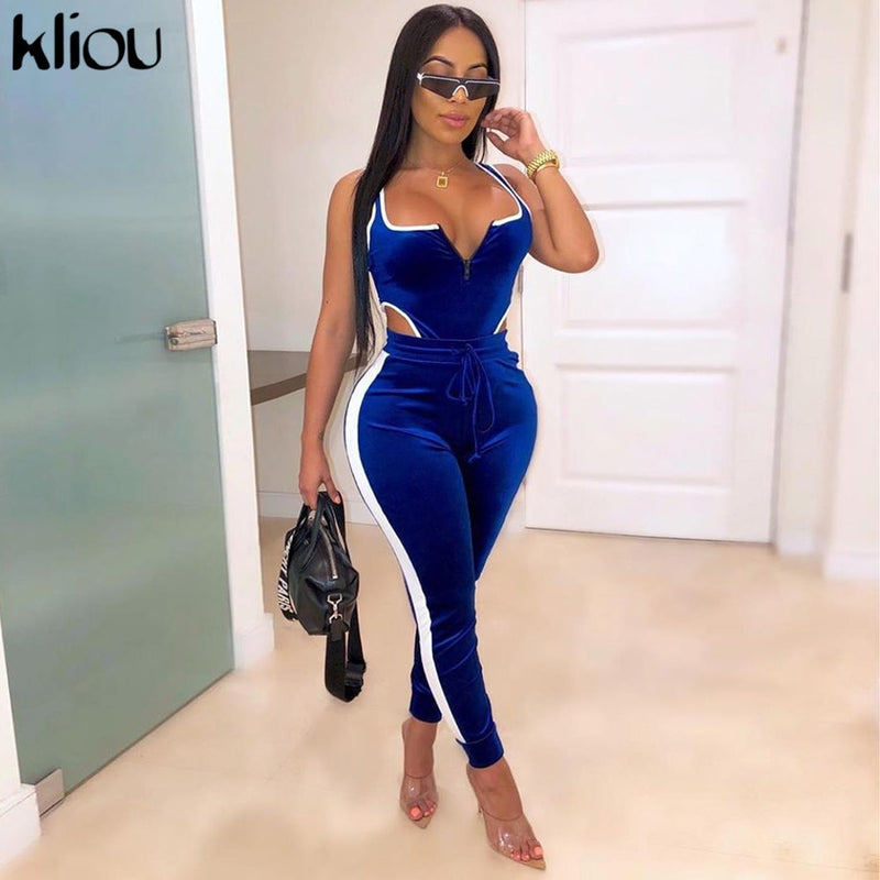 Kliou velvet women fitness sporting two pieces set outfit strapless sleeveless bodysuit + leggings Drawstring pants tracksuits