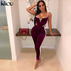 Kliou velvet women fitness sporting two pieces set outfit strapless sleeveless bodysuit + leggings Drawstring pants tracksuits