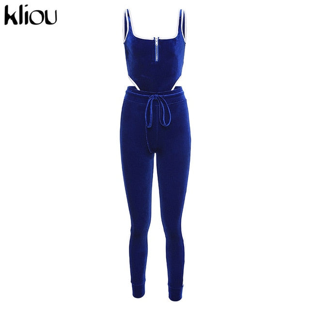 Kliou velvet women fitness sporting two pieces set outfit strapless sleeveless bodysuit + leggings Drawstring pants tracksuits