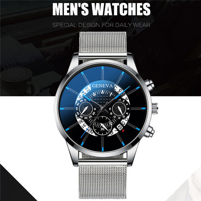 Luxury Men's Fashion Business Calendar Watches Blue Stainless Steel Mesh Belt Analog Quartz Watch relogio masculino