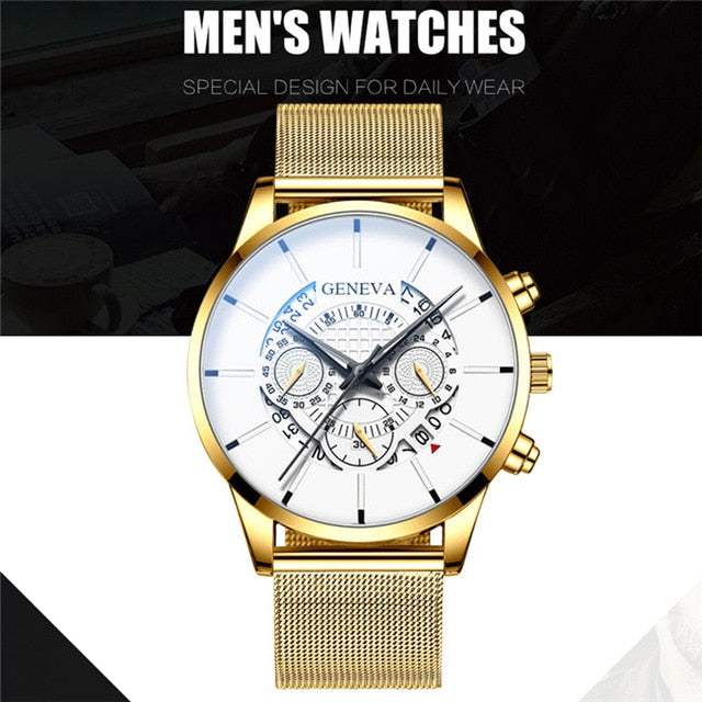 Luxury Men's Fashion Business Calendar Watches Blue Stainless Steel Mesh Belt Analog Quartz Watch relogio masculino