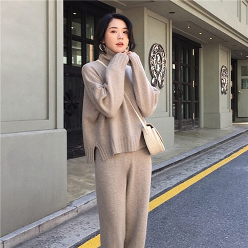 2 Pieces Set  Women Winter Autumn Knitted Tracksuit Turtleneck Sweater Knit Pants Women Loose Clothing Suits Female Pants Suit