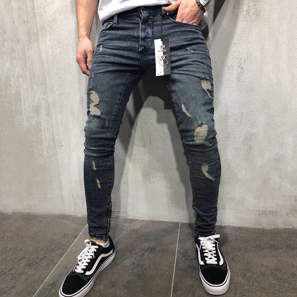 SIKETU Jeans Men Mid Waist Casual Slim Length Skinny Jeans Men Streetwear Fashion Hole Ripped Jeans for Men calça masculina D40