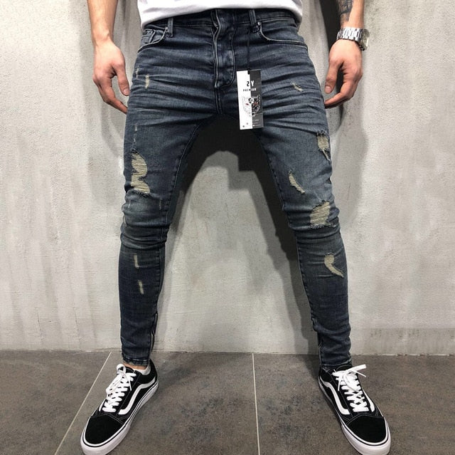 SIKETU Jeans Men Mid Waist Casual Slim Length Skinny Jeans Men Streetwear Fashion Hole Ripped Jeans for Men calça masculina D40