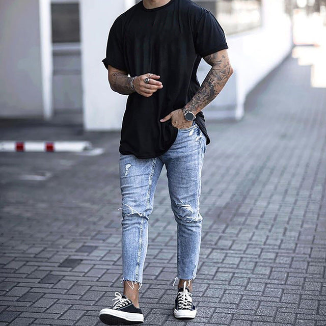 SIKETU Jeans Men Mid Waist Casual Slim Length Skinny Jeans Men Streetwear Fashion Hole Ripped Jeans for Men calça masculina D40