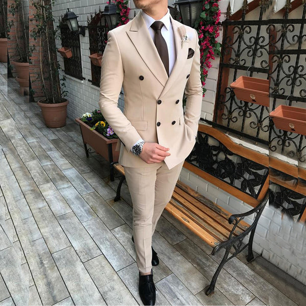 2019 New Beige Men's Suit 2 Pieces Double-breasted Notch Lapel Flat Slim Fit Casual Tuxedos For Wedding(Blazer+Pants)