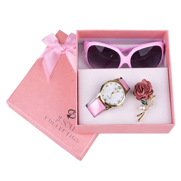 Sunglasses watch brooch 3 pcs ladies gift box Girl christmas gift new year gift Fashion Clock Women Watches leather Quartz Wrist