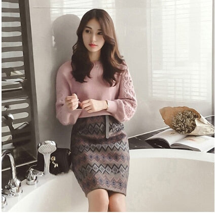 SMTHMA Women winter Korean embroidery knitting sweater +two piece Tweed wool 2 piece Geometric print Skirt set