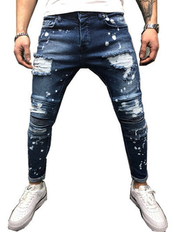 Men's Painted Skinny Slim Fit Straight Ripped Distressed Pleated Knee Patch Denim Pants Stretch Jeans