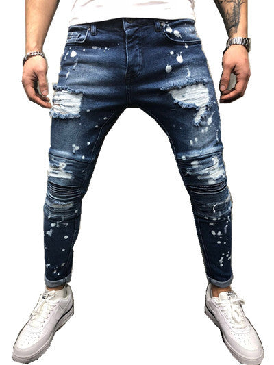 Men's Painted Skinny Slim Fit Straight Ripped Distressed Pleated Knee Patch Denim Pants Stretch Jeans