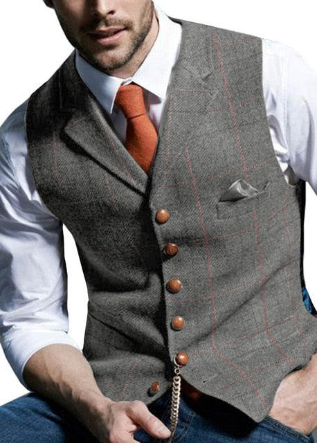 Mens Suit Vest Notched Plaid Wool Herringbone Tweed Waistcoat Casual Formal Business Groomman For Wedding Green/Black/Green/Grey